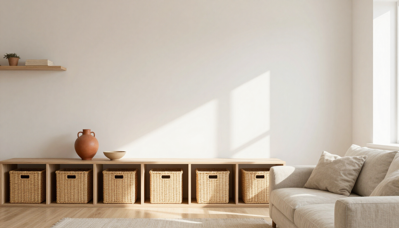 Bright, tidy small apartment living room with woven baskets and oak shelving